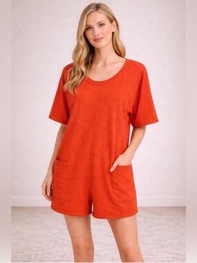 Orange Romper Womens Oversized Lounge Short Sleeve V Back Pockets Casual Small